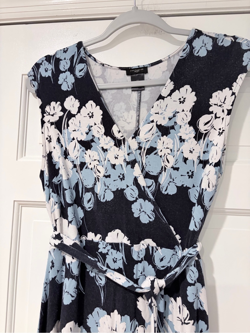 Ann Taylor Black Floral Wrap Dress with White & Light Blue Blooms - Picture 3 of 8